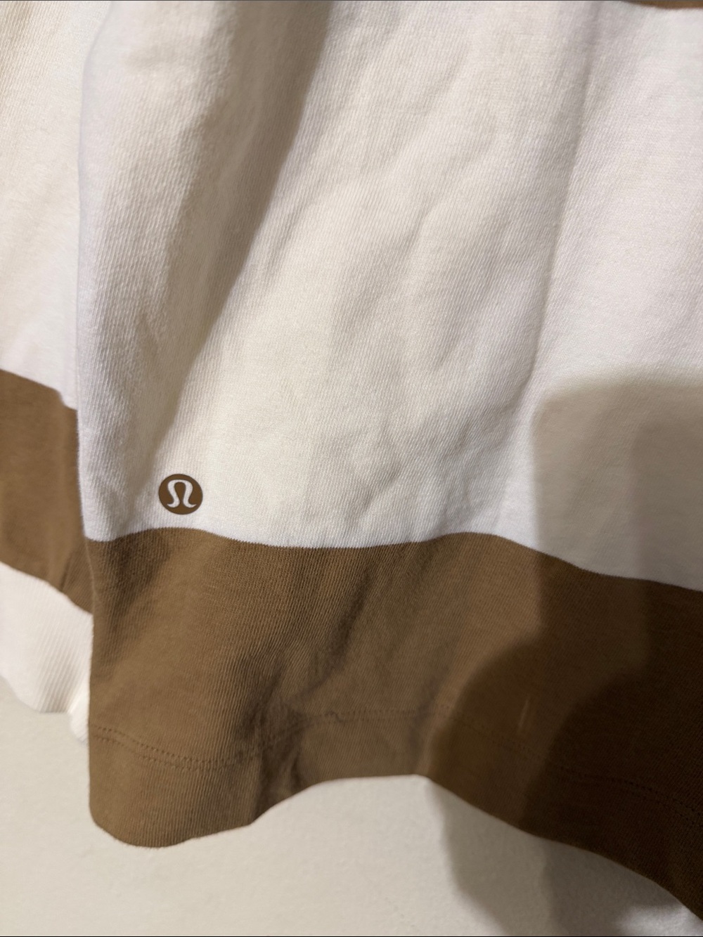 Lululemon-Long-Sleeve Cotton Rugby Shirt-Wide Stripe Camel Brown Coconut Ivory - Picture 9 of 9